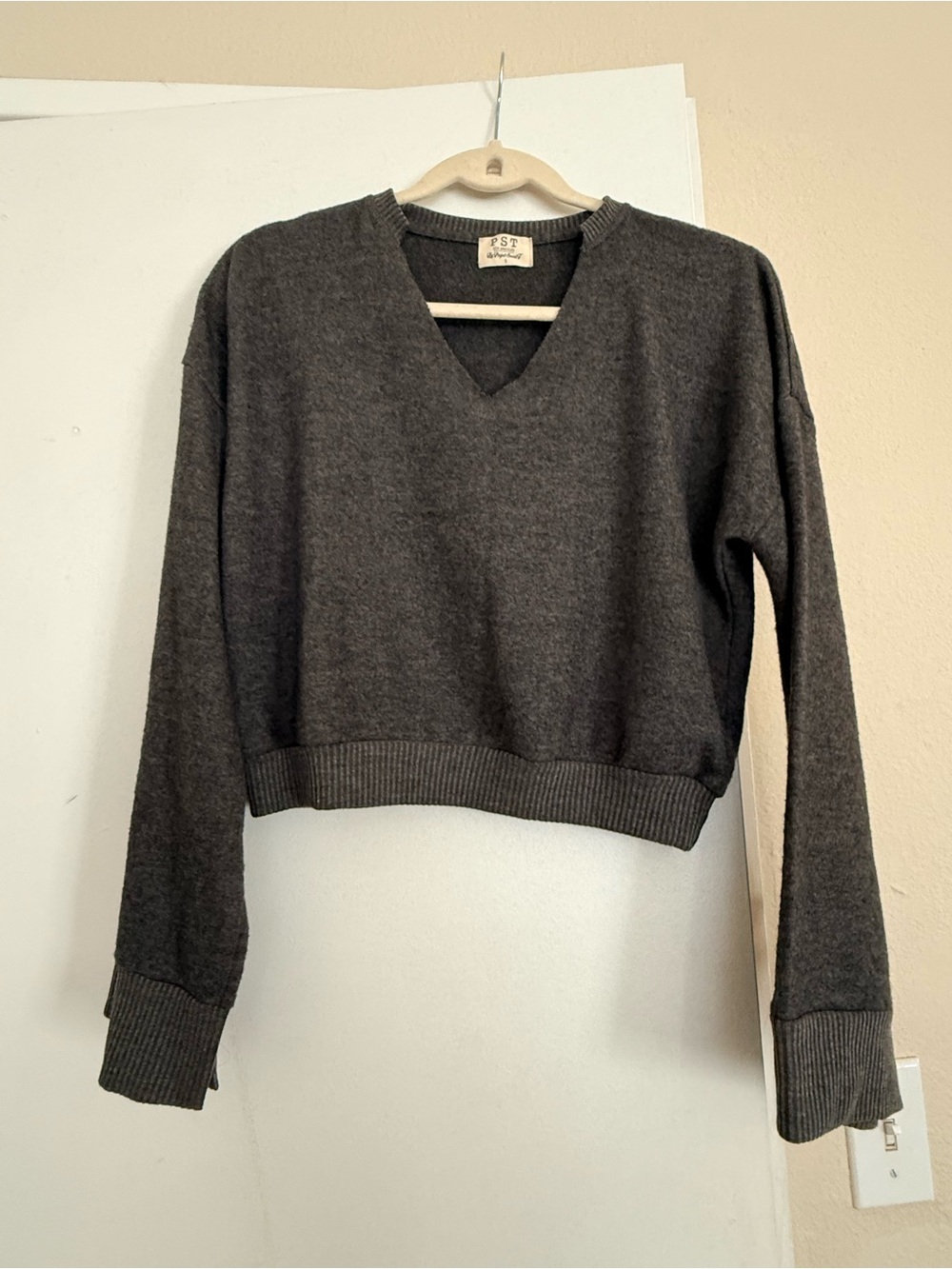 Project Social T Cropped V-Neck Sweater in Charcoal